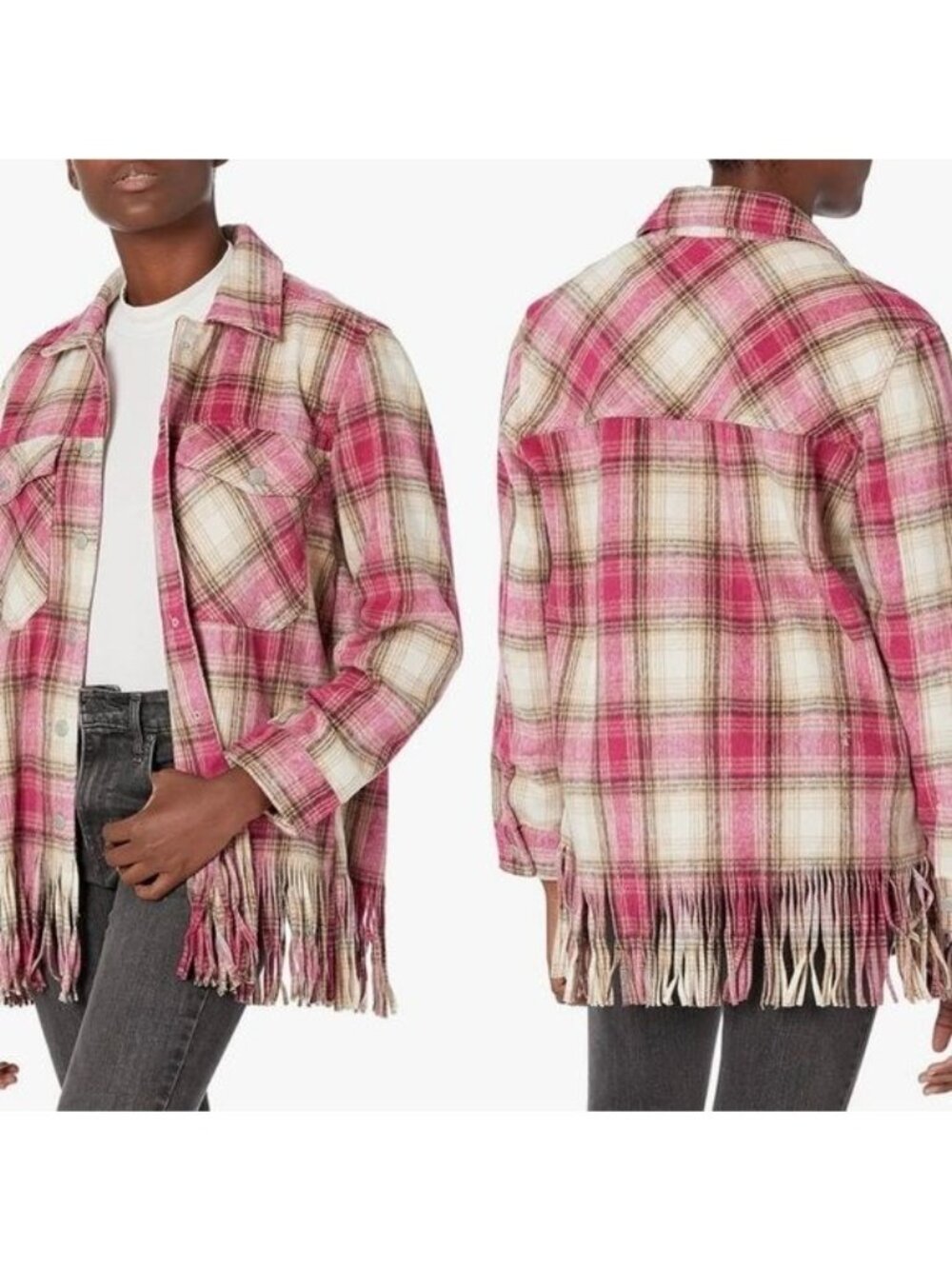 NWT BlankNYC Woodstock Wool Plaid Fringe Shacket XS Pink Oversized Fleece